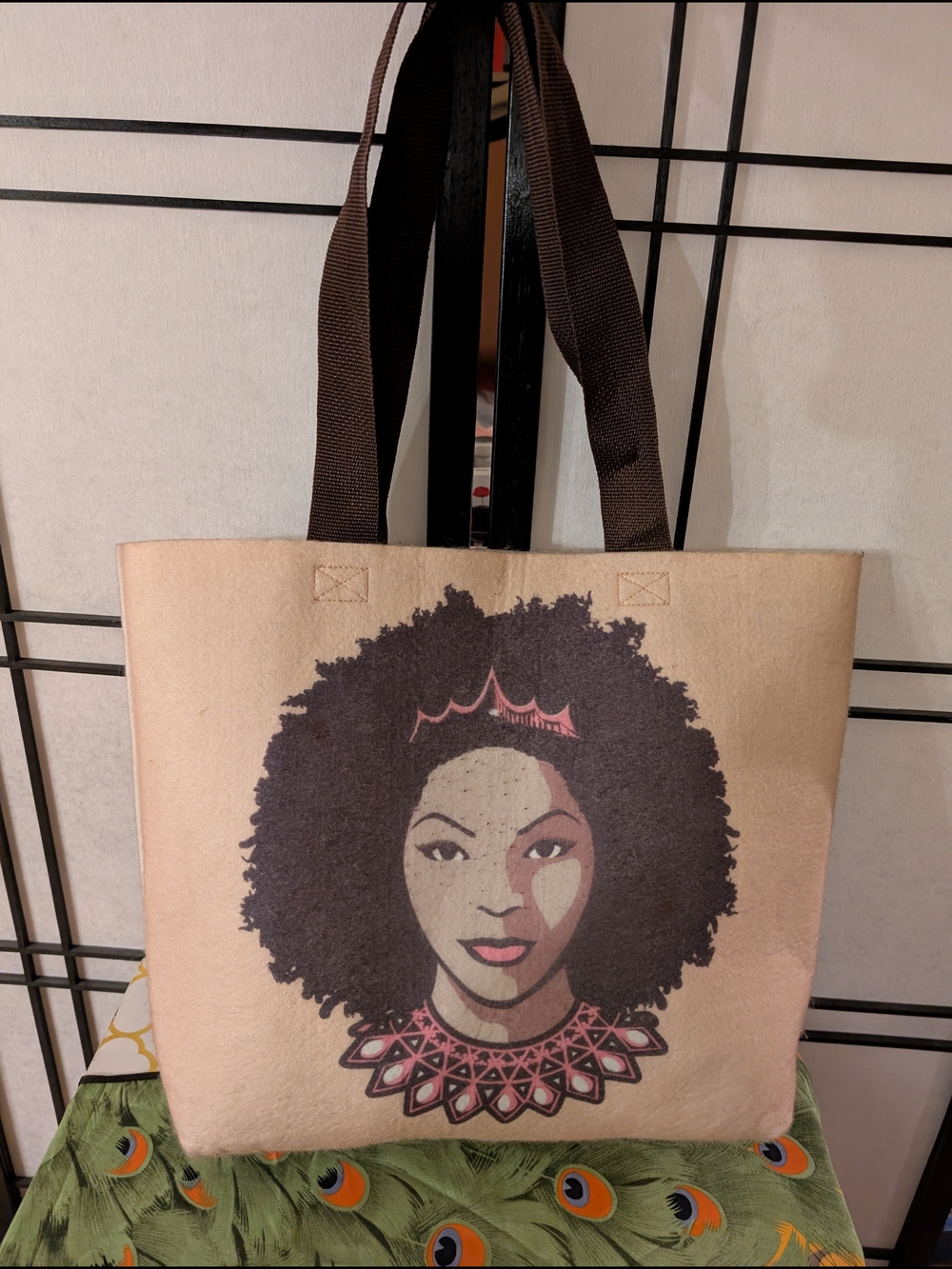 Felt Graphic Tote Bag | Natural & Brown | Large Everyday Shopper  Afro Art Print